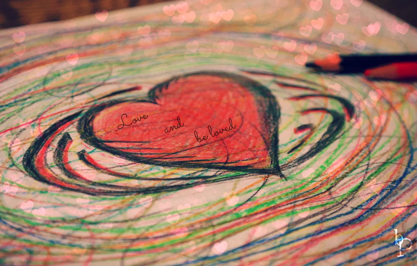 Фото обои любовь, надпись, сердце, рисунок, карандаши, валентинка