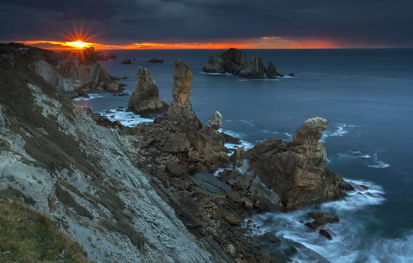 Фото обои море, пейзаж, закат, скалы