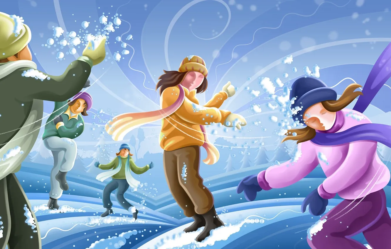 Фото обои зима, радость, люди, позитив, сугробы, шарфы, снежки