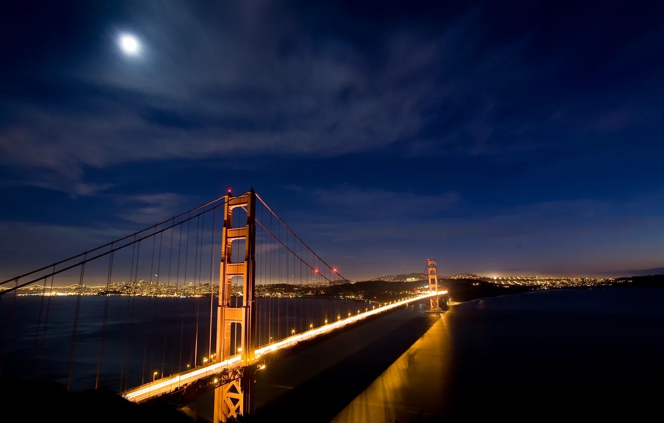 Фото обои ночь, мост, огни, Сан-Франциско, золотые ворота, USA, Night, golden gate bridge