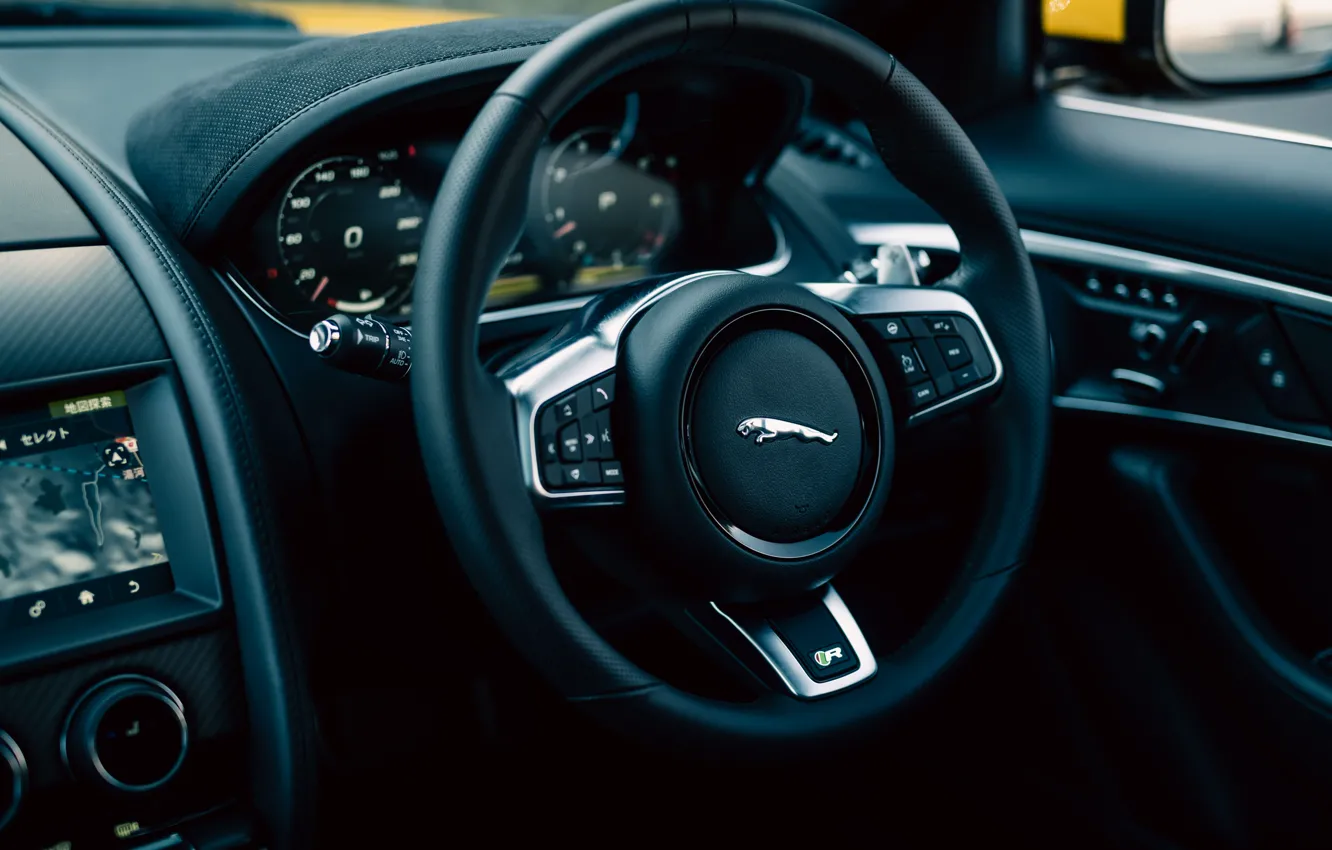 Фото обои Jaguar, logo, F-Type, steering wheel, Jaguar F-Type R Coupe
