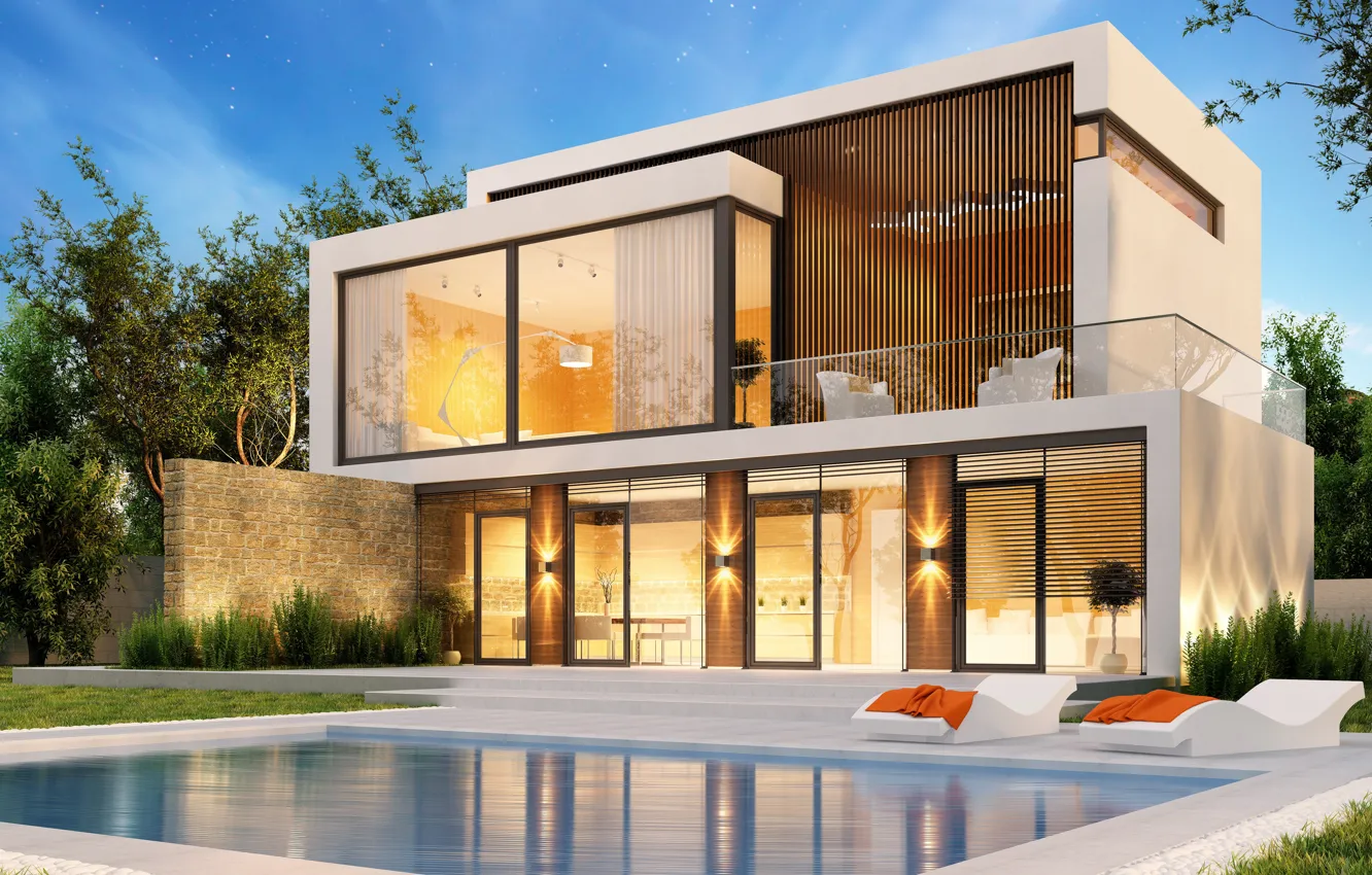 Фото обои деревья, дизайн, дом, газон, бассейн, modern, houses, villa