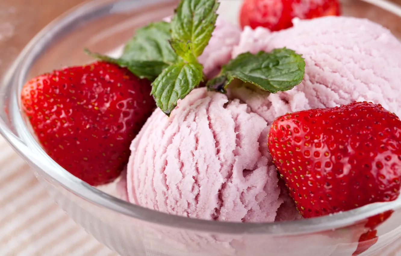 Фото обои ягоды, клубника, мороженое, сладости, мята, десерт