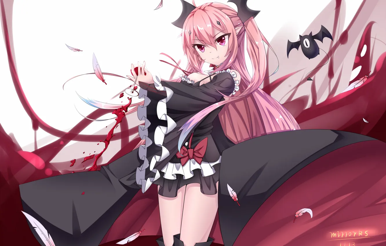 Фото обои девушка, кровь, бокал, перья, вампир, Owari no Seraph, Последний серафим