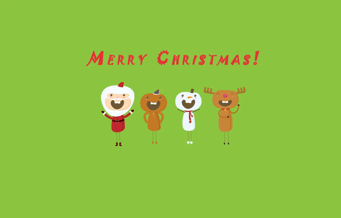 Фото обои праздник, green, весело, олень, Рождество, снеговик, new year, дед мороз