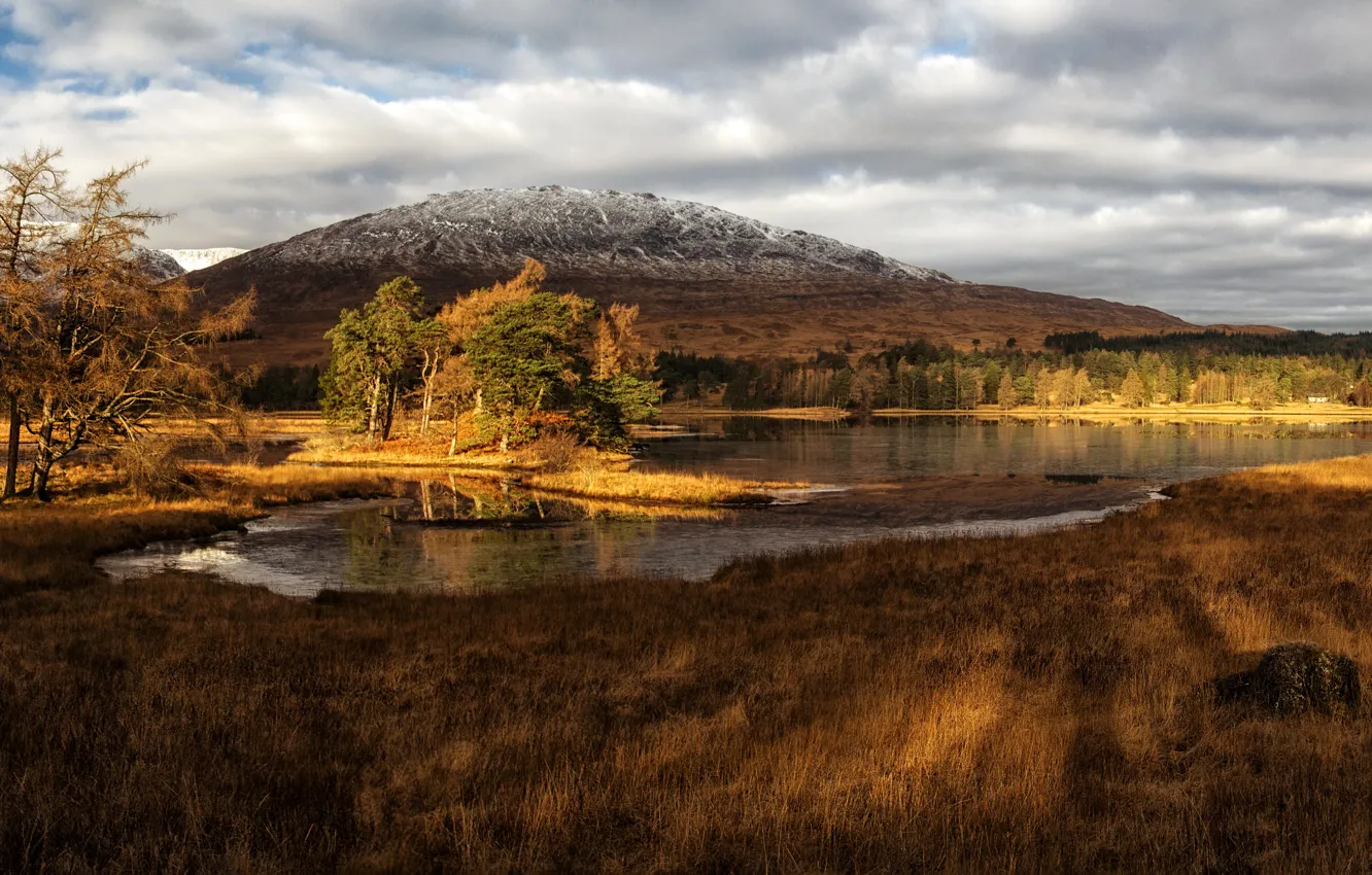Фото обои трава, облака, деревья, горы, озеро, берег, Шотландия, lake Tulla