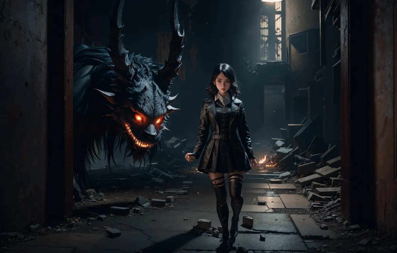 Фото обои брюнетка, демон, пасть, девочка, demon, зло, дьявол, girl