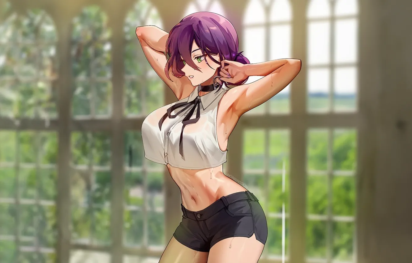 Фото обои green eyes, big boobs, sweat, anime girls, purple hair, armpits, wet body, choker