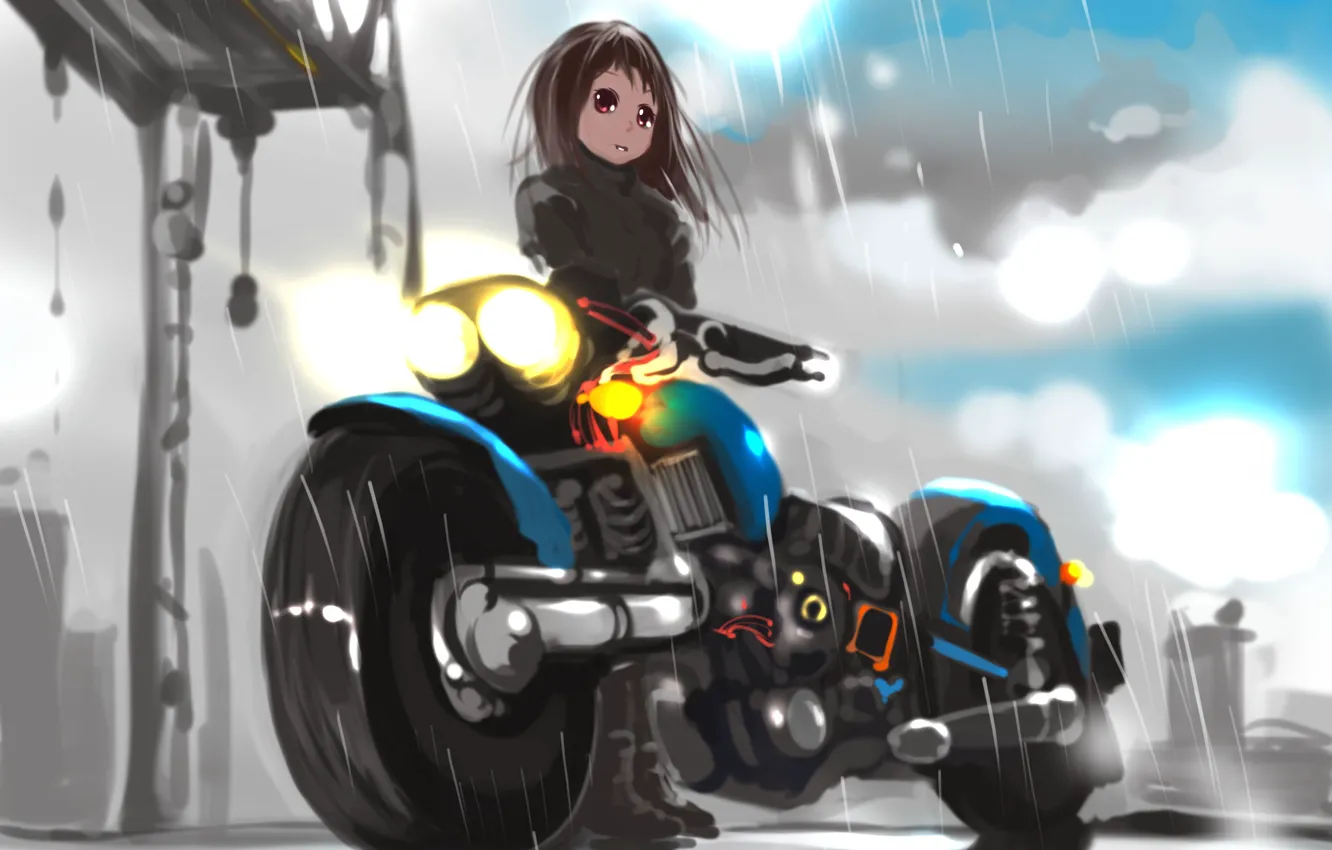 Фото обои дождь, аниме, мотоцикл