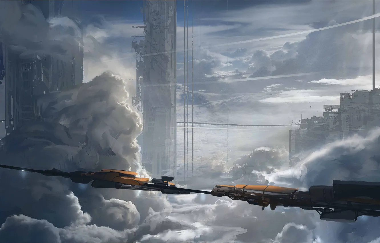 Фото обои облака, город, поезд, высота, арт, башни