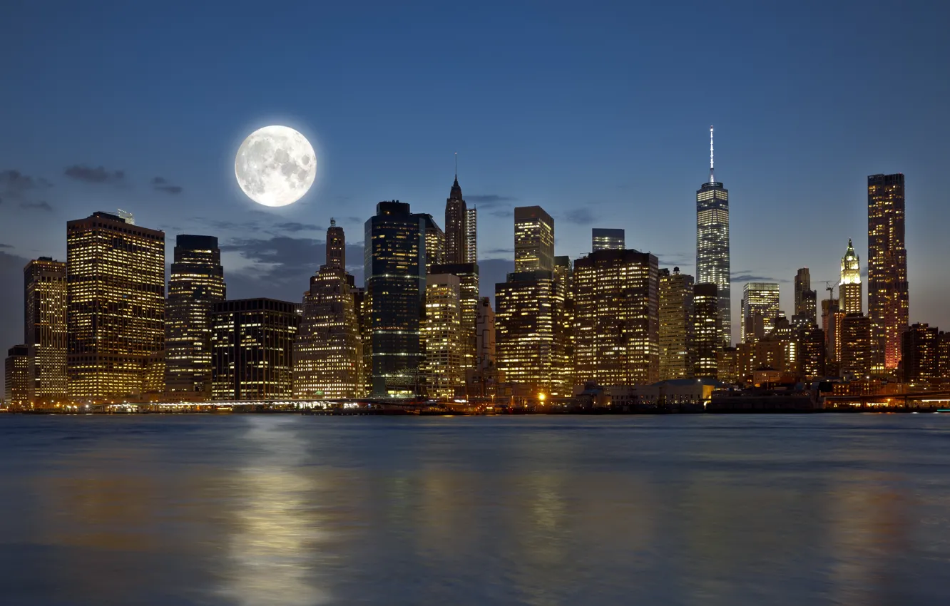 Фото обои City, USA, Moon, Clouds, Sky, New York, Night, Building