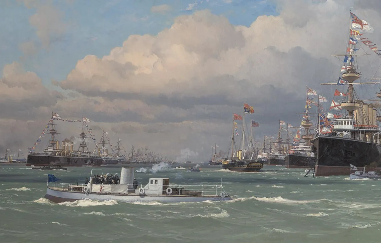 Фото обои море, масло, корабли, Eduardo De Martino, Эдоардо де Мартино, The Naval Review at Spithead