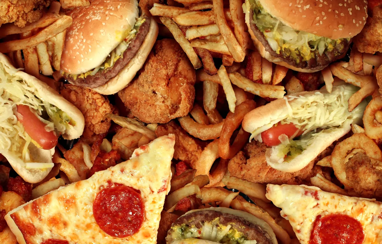 Фото обои гамбургер, сосиска, хот-дог, фастфуд, композиция, аппетитно, картошка фри, калории