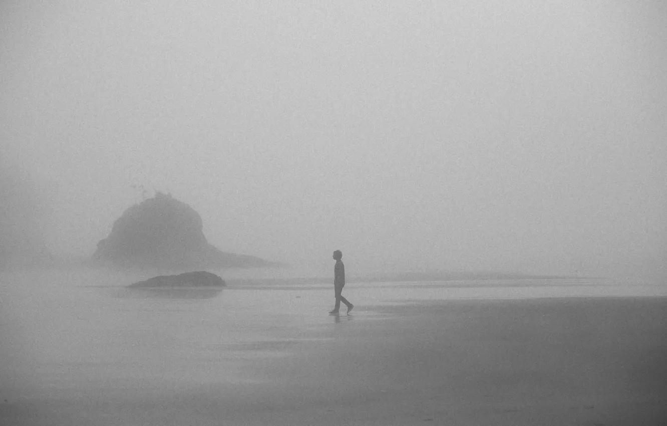 Фото обои misty, beach, rocks, fog, boy, foggy, mist, walking