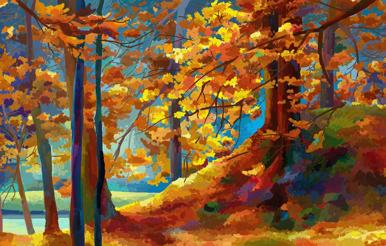 Фото обои Природа, Рисунок, Осень, Деревья, Живопись