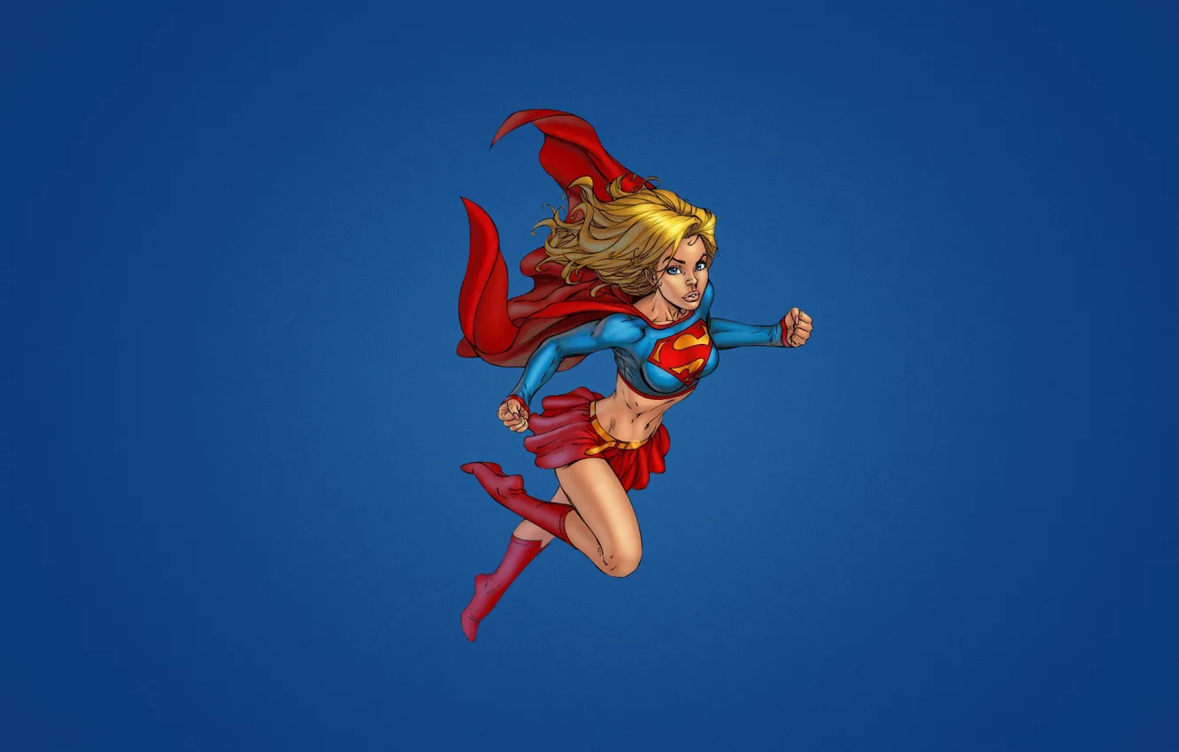 Фото обои superman, плащ, супермен, синий фон, Supergirl, Супердевушка, супергерл