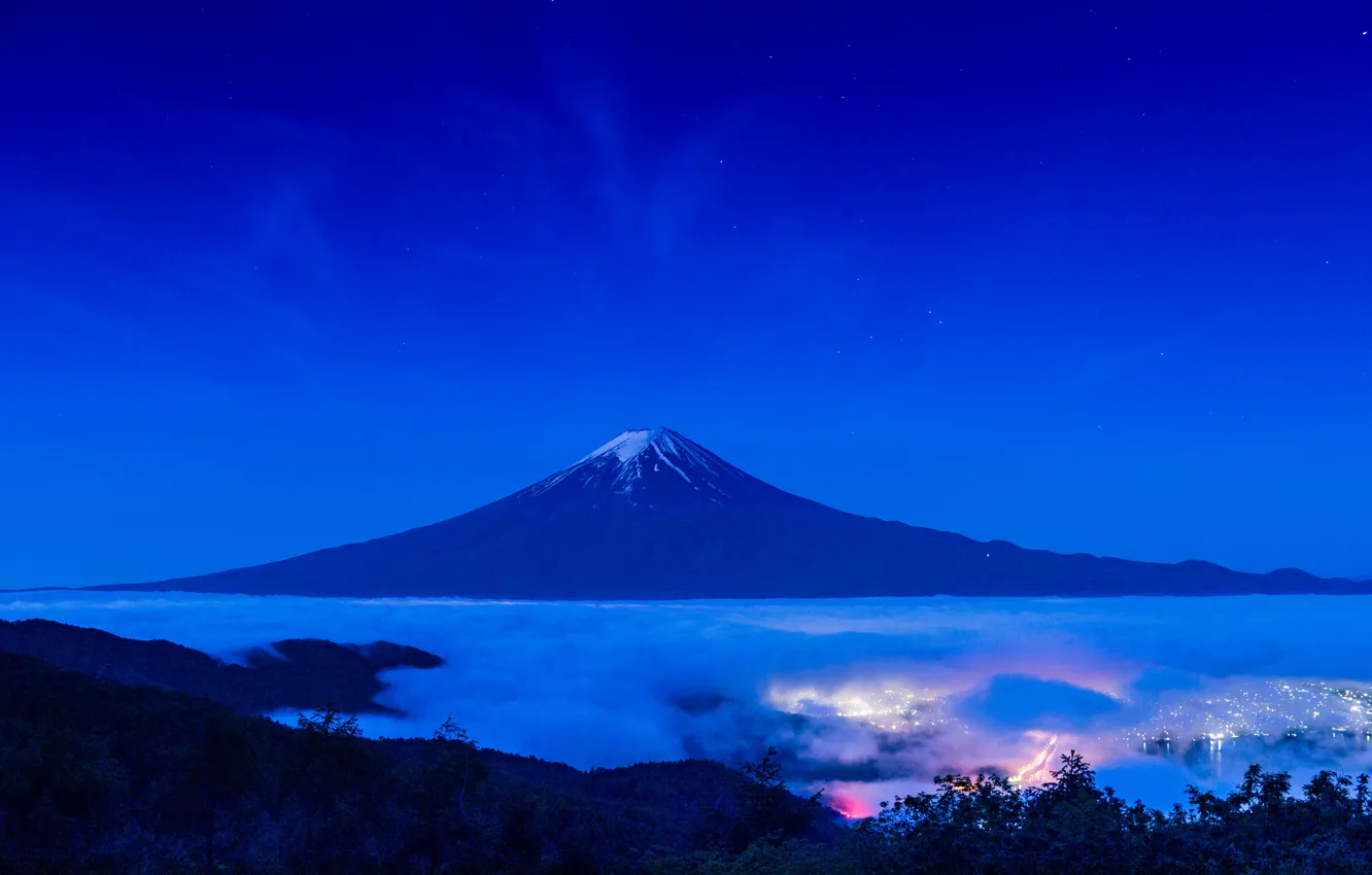 Фото обои пейзаж, ночь, огни, гора, вулкан, Япония, Fuji