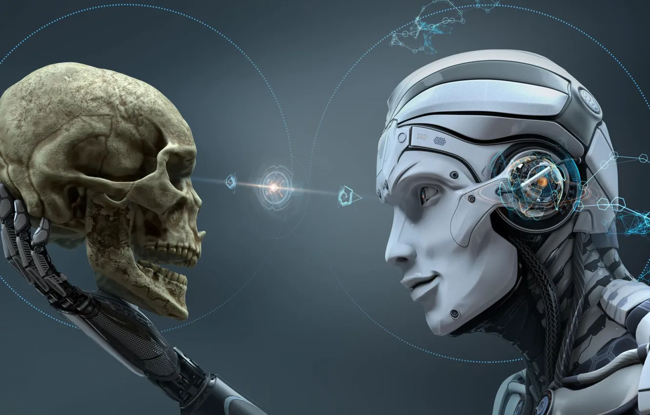Фото обои взгляд, череп, робот, технологии, skull, robot, изучение, look