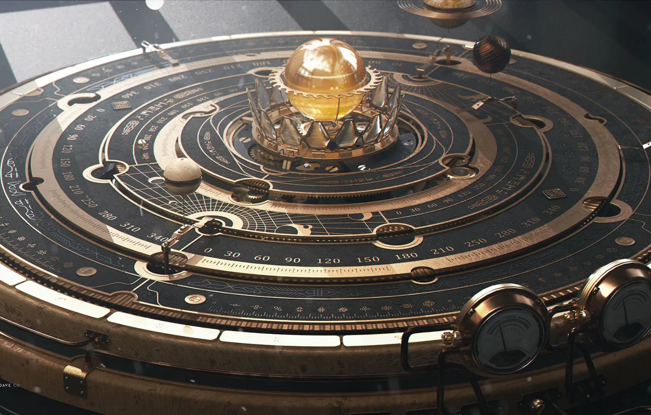 Фото обои шар, шкала, показатели, прибор, Steampunk Astrolabe Table with Ui