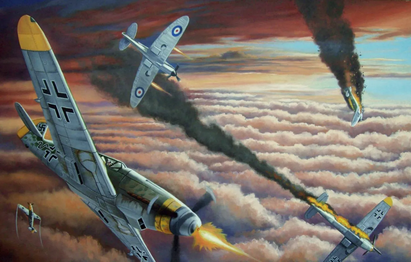 Фото обои облака, дым, рисунок, бой, арт, Spitfire, bf-109, подбит