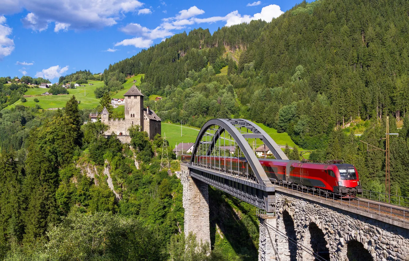 Фото обои лес, мост, замок, поезд, Австрия, виадук, Austria, Тироль