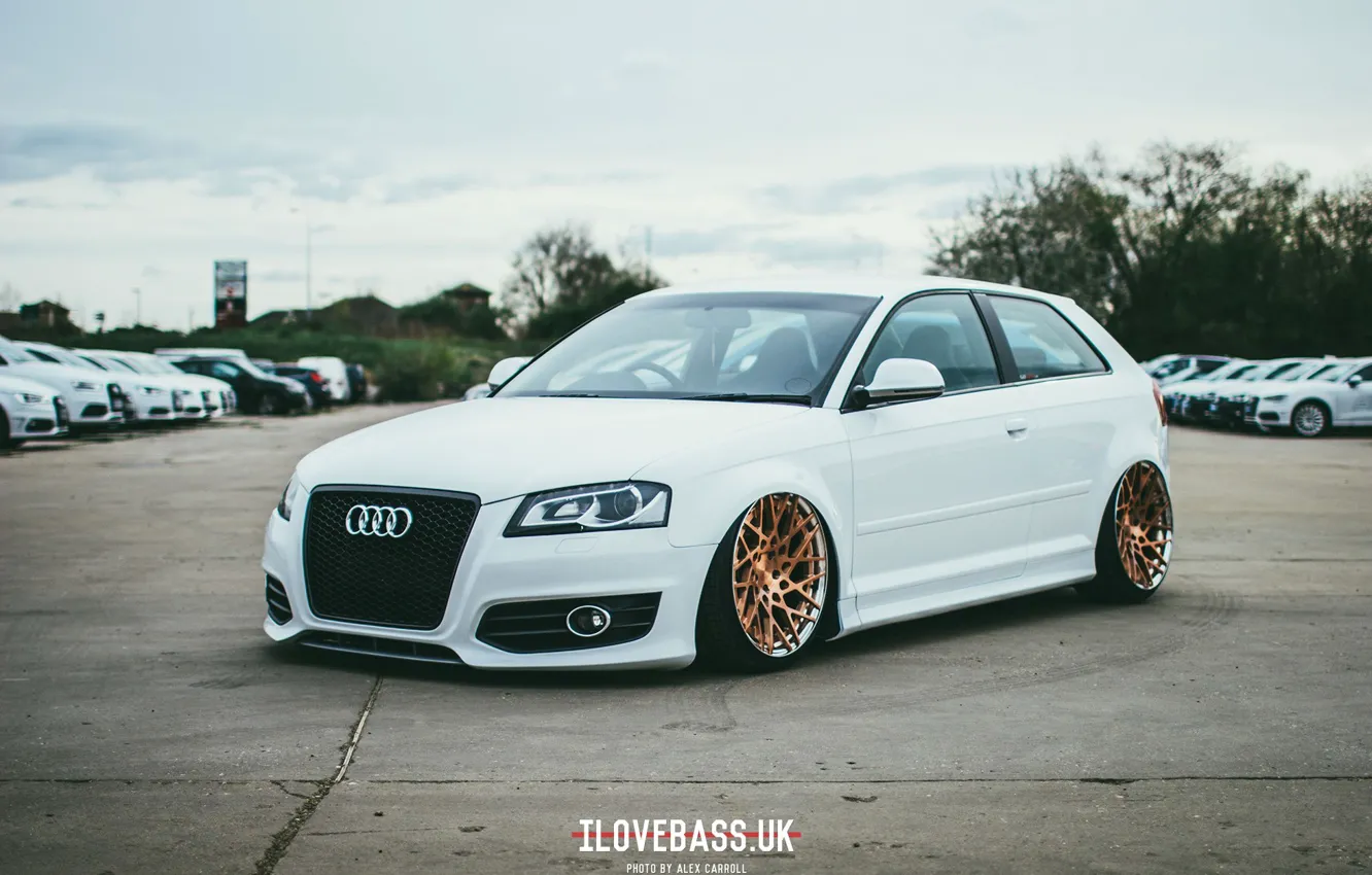 Фото обои audi, white, wheels, quattro, tuning, germany, low, stance