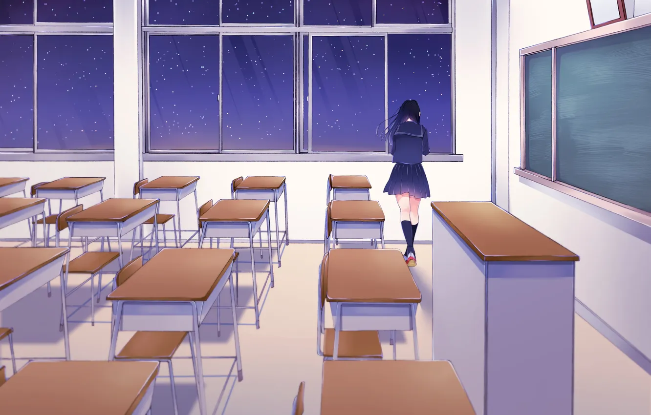 Фото обои девушка, одиночество, окна, арт, класс, школа, спиной, парты