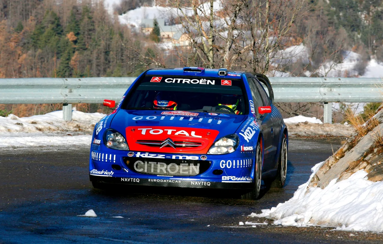 Фото обои Зима, Авто, Синий, Спорт, Citroen, Фары, WRC, передок