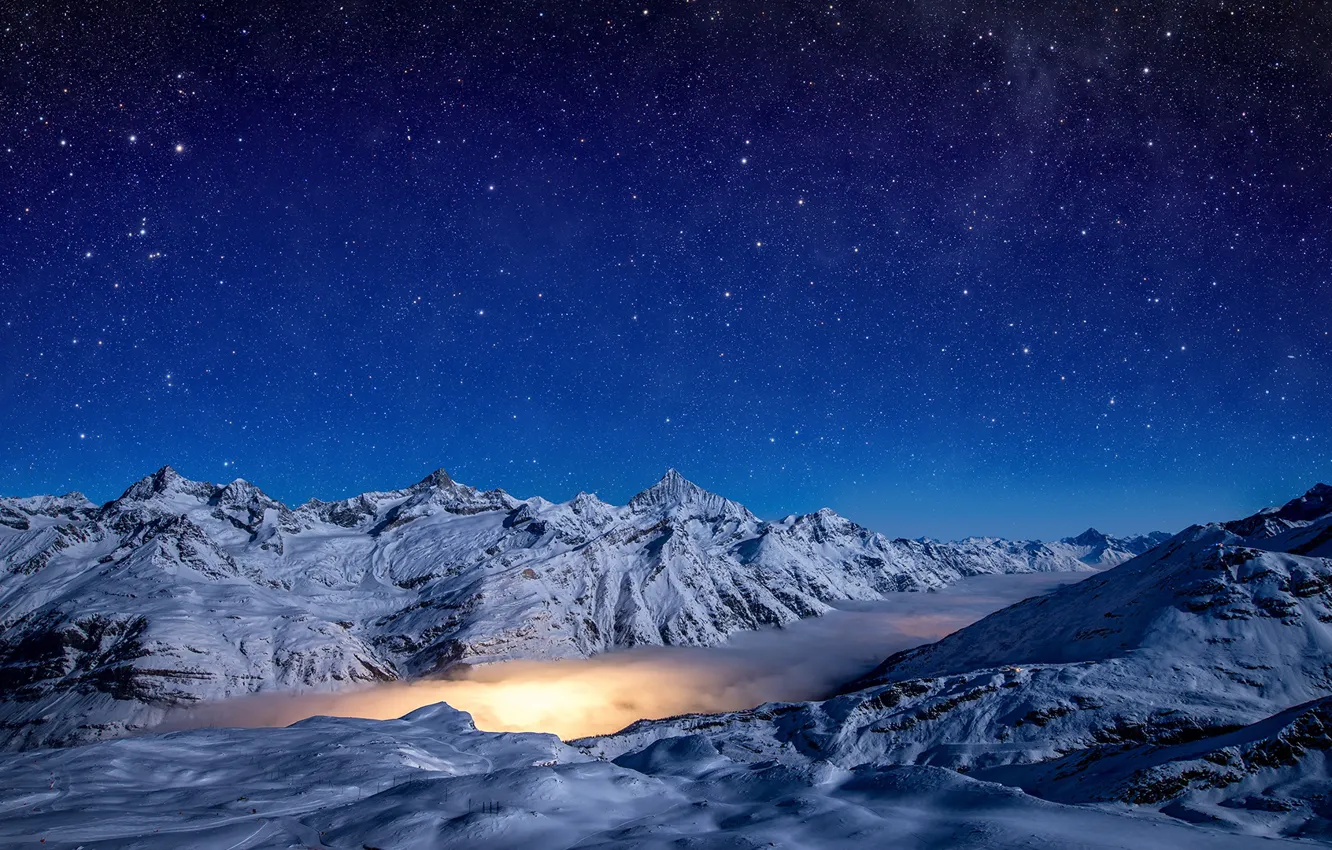 Фото обои light, sky, night, winter, snow, stars, Pennine Alps, Gornergrad