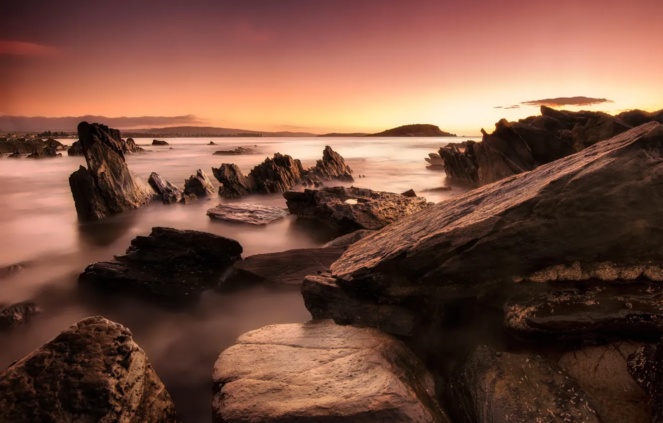 Фото обои пейзаж, камни, океан, рассвет, берег