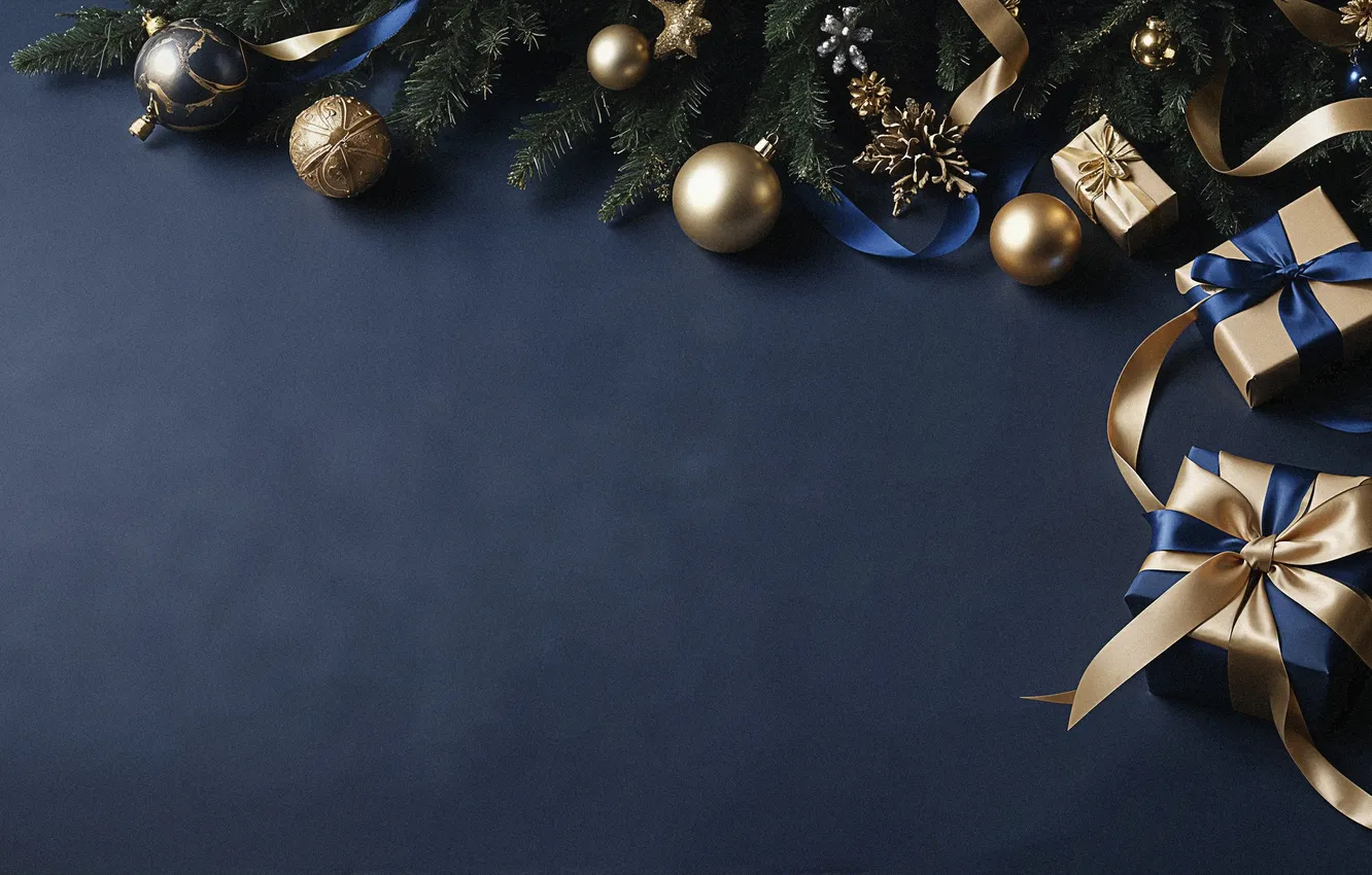 Фото обои фон, Рождество, Новый год, golden, Christmas, balls, background, tree