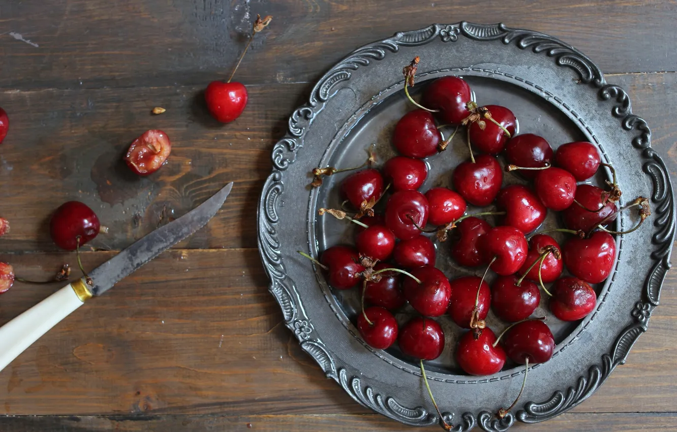 Фото обои ягоды, нож, черешня, блюдо