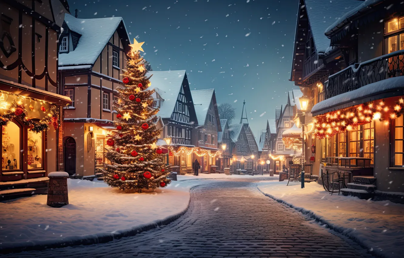 Фото обои зима, снег, украшения, ночь, город, lights, улица, елка