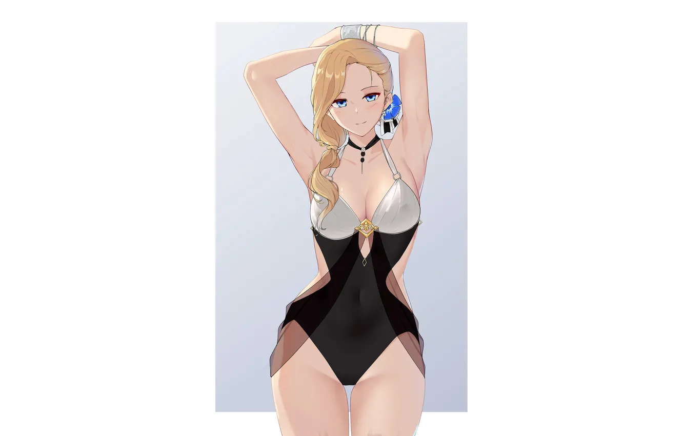 Фото обои girl, sexy, cleavage, long hair, boobs, sexy girl, anime, blue eyes