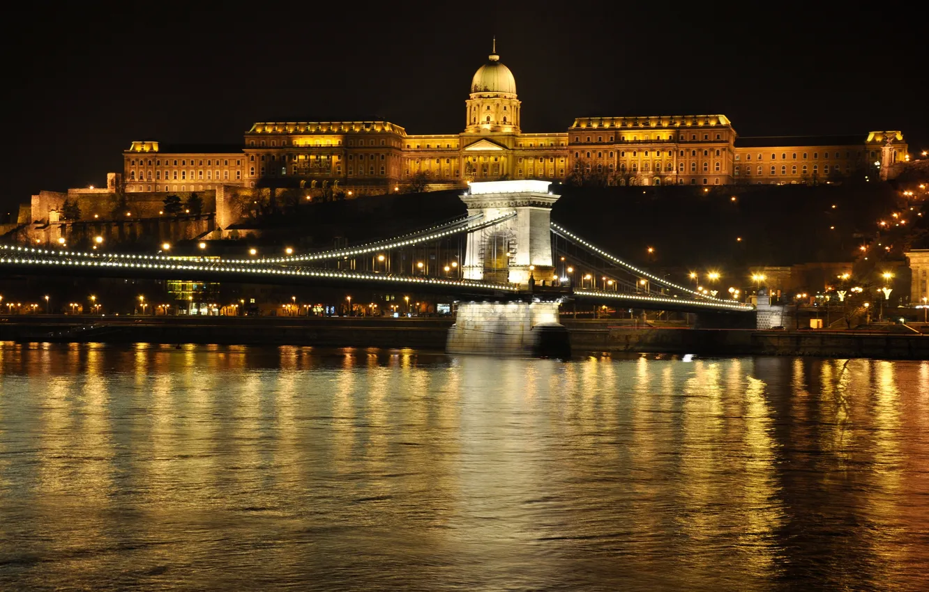 Фото обои ночь, мост, огни, река, дворец, Венгрия, Будапешт, Дунай