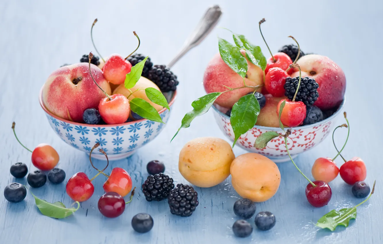 Фото обои ягоды, фрукты, натюрморт, черешня, ежевика, абрикосы, голубика, нектарины