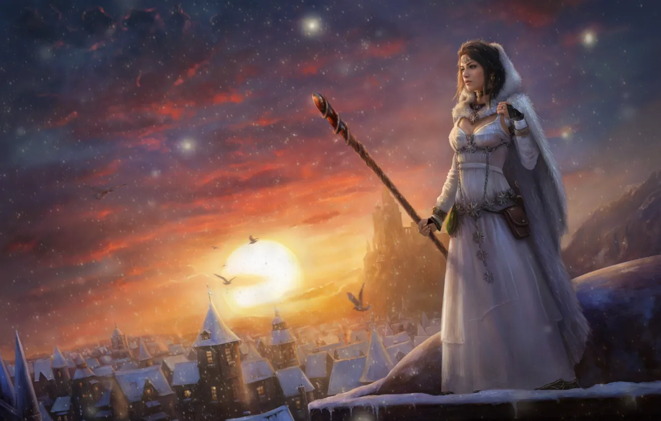 Фото обои зима, небо, облака, снег, замок, Девушка, волшебница, вгляд
