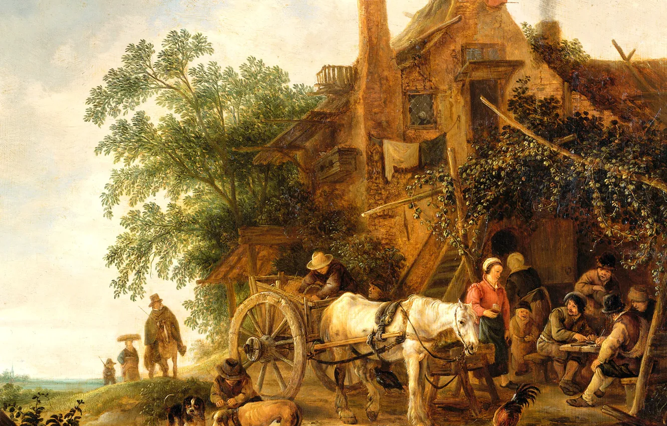 Фото обои пейзаж, дерево, масло, картина, Исаак ван Остаде, Постоялый Двор с Запряжённой Лошадью
