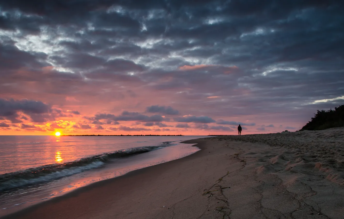 Фото обои море, пляж, рассвет, утро, прогулка