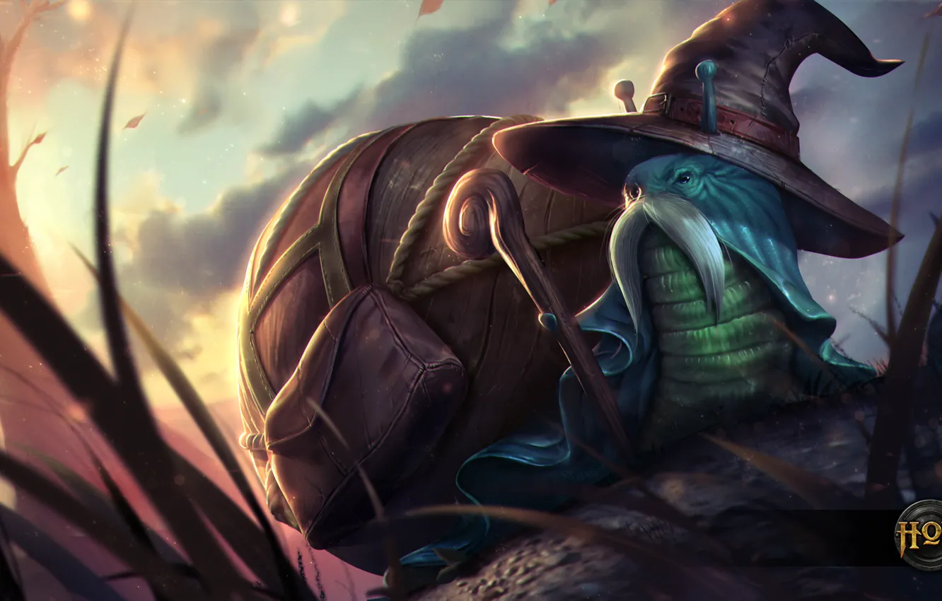 Фото обои улитка, шляпа, маг, посох, Heroes of Newerth, Shellshock, Packsnail