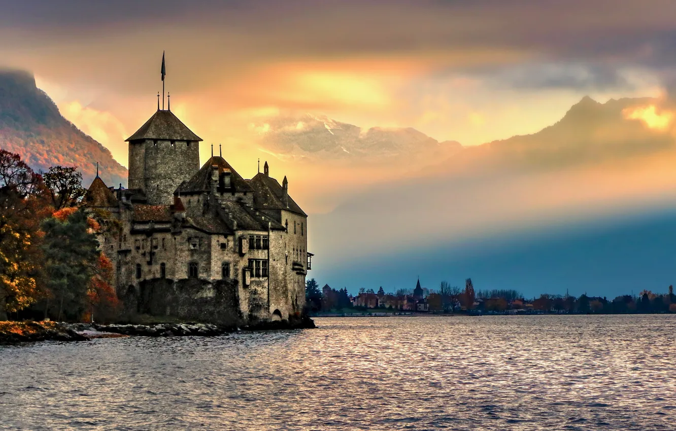 Фото обои пейзаж, горы, природа, туман, озеро, замок, Швейцария, Женевское озеро