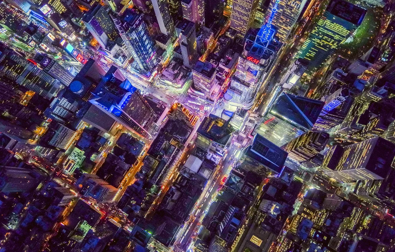 Фото обои свет, ночь, город, США, Нью Йорк, вид сверху