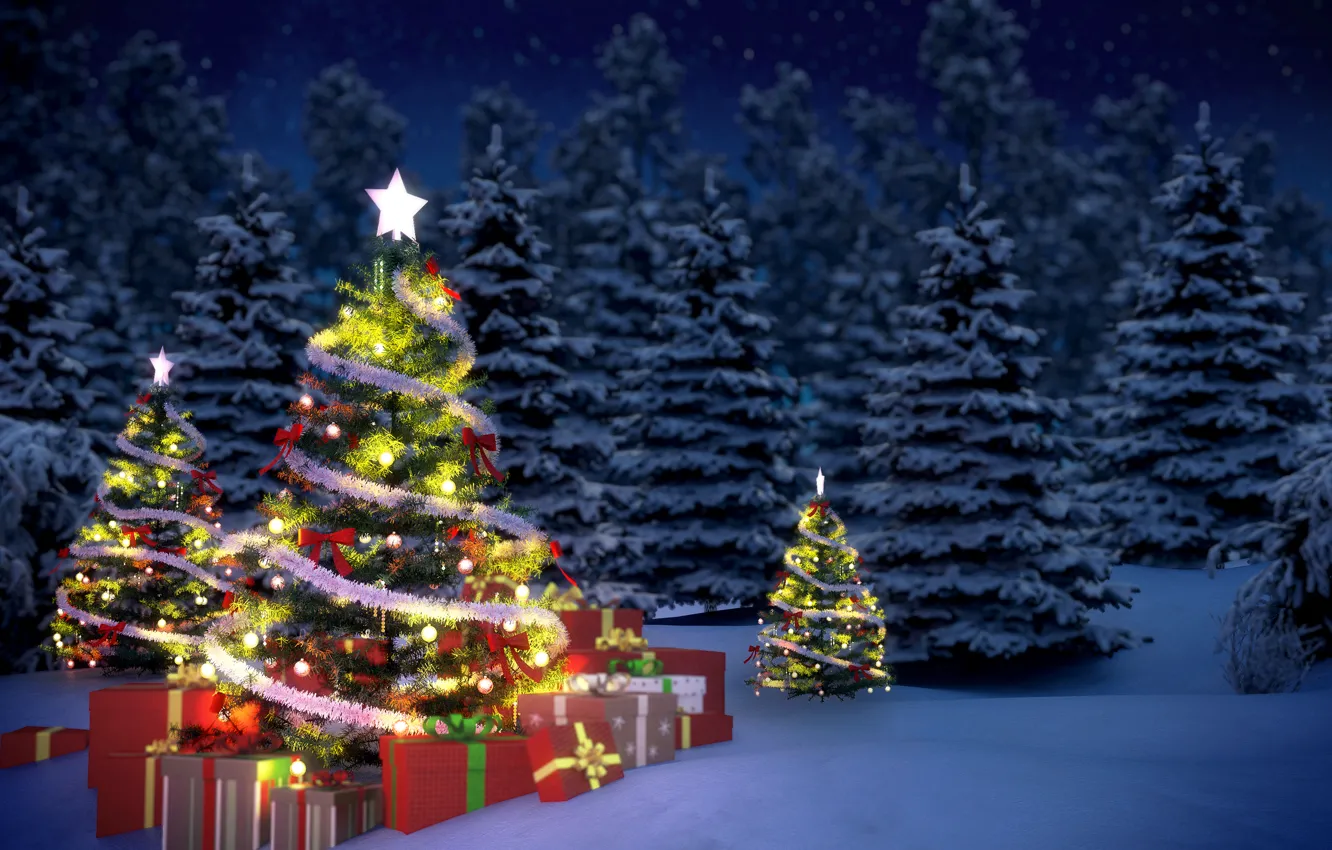 Фото обои зима, снег, елки, новый год, подарки, гирлянда, мишура, Christmas
