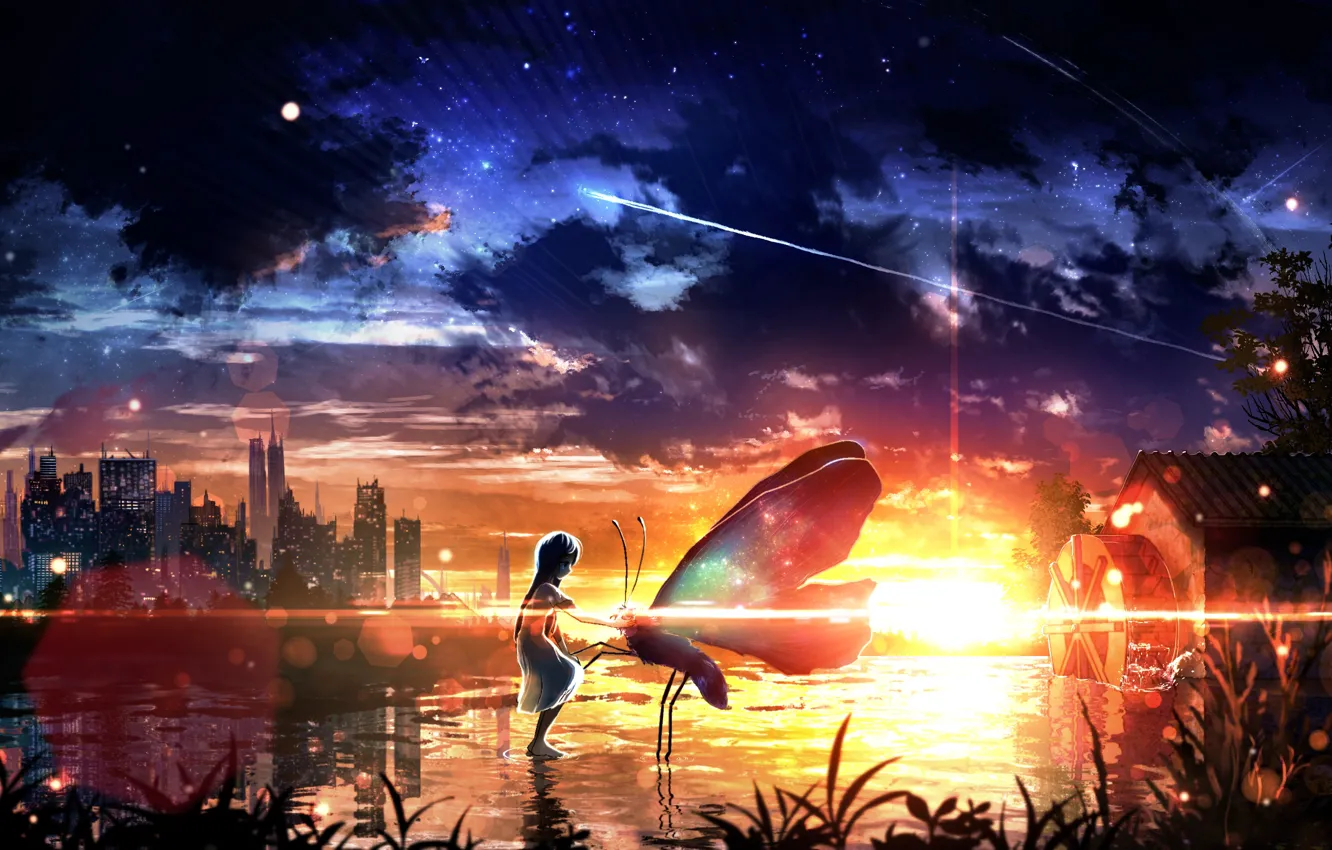 Фото обои вода, девушка, закат, город, бабочка, фэнтези