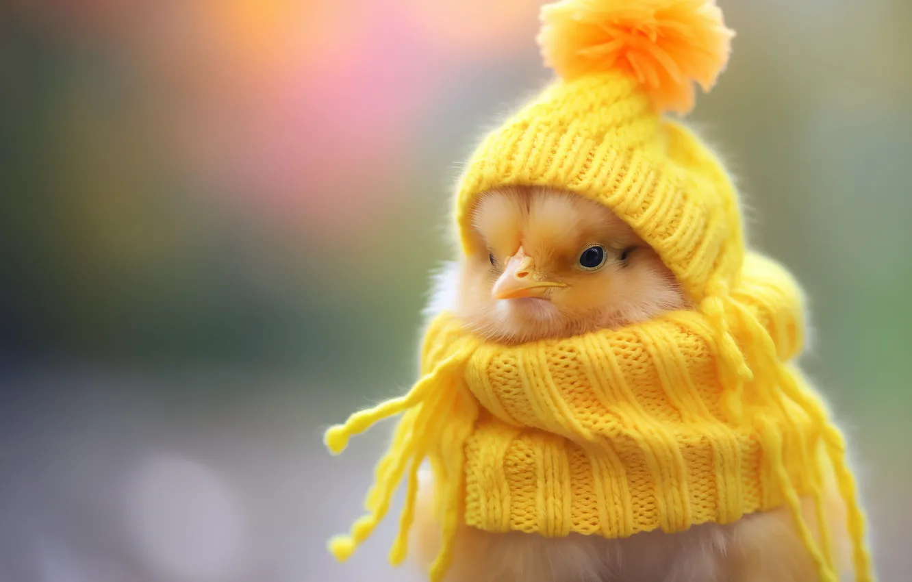 Фото обои шарф, цыпленок, птенец, шапочка, в желтом, ИИ-арт, нейросеть