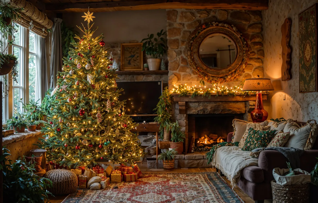 Фото обои комната, елка, интерьер, Рождество, Новый год, Christmas, view, tree