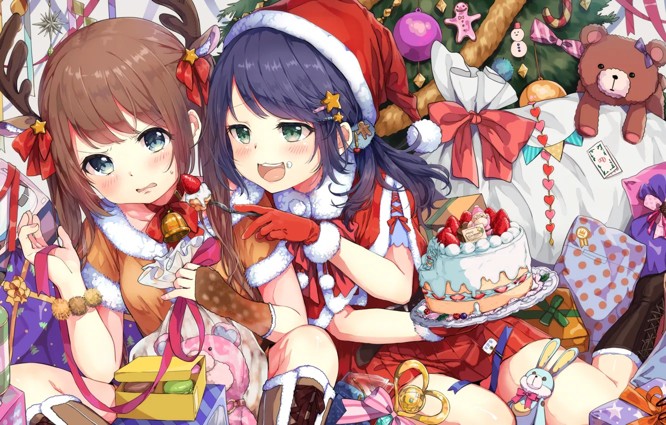Фото обои девочки, новый год, аниме, сладости