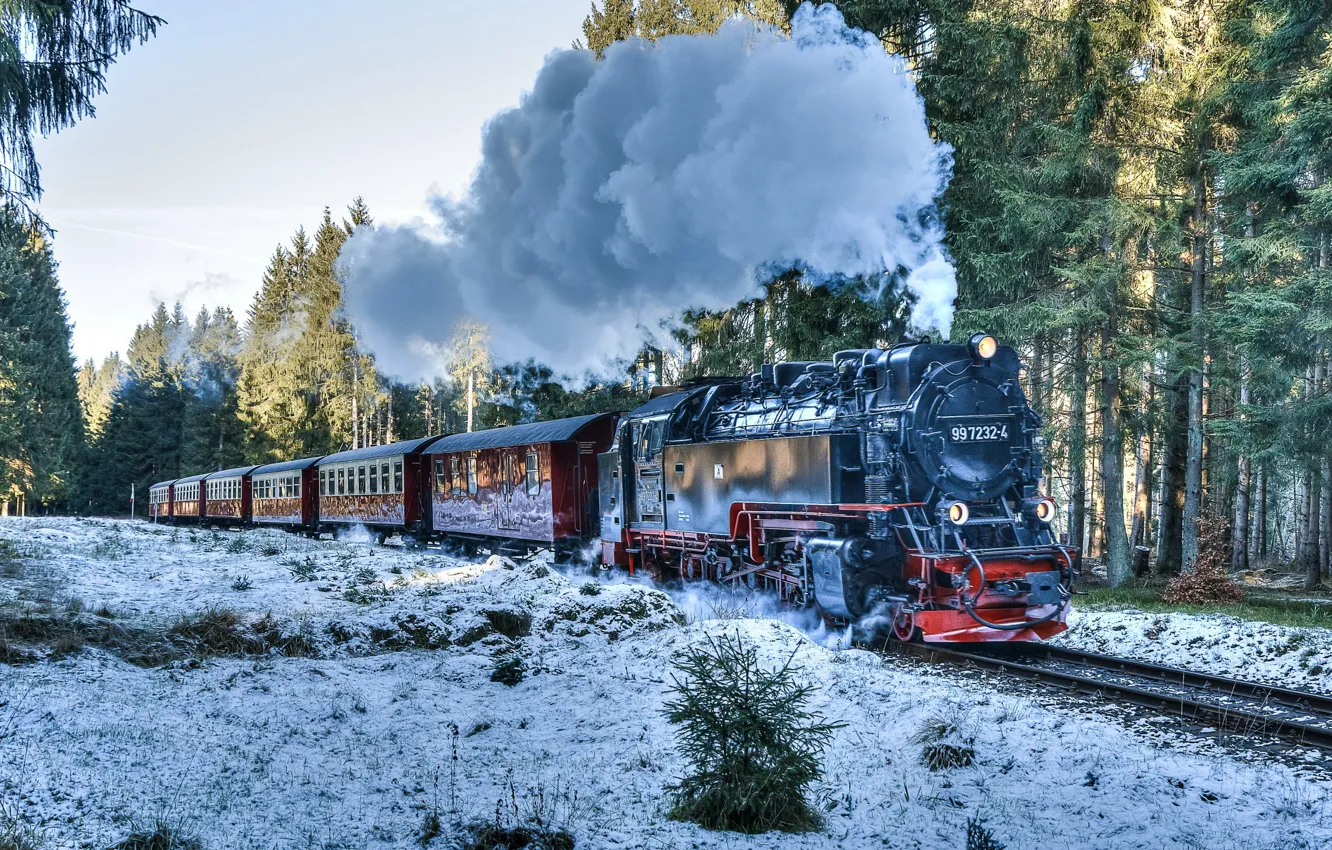 Фото обои зима, поезд, железная дорога