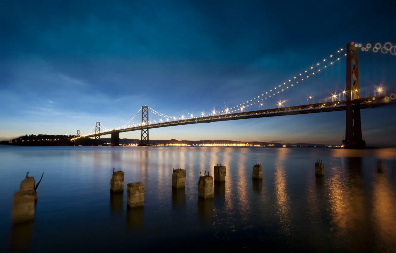Фото обои небо, ночь, огни, отражение, Калифорния, залив, Сан-Франциско, Bay Bridge