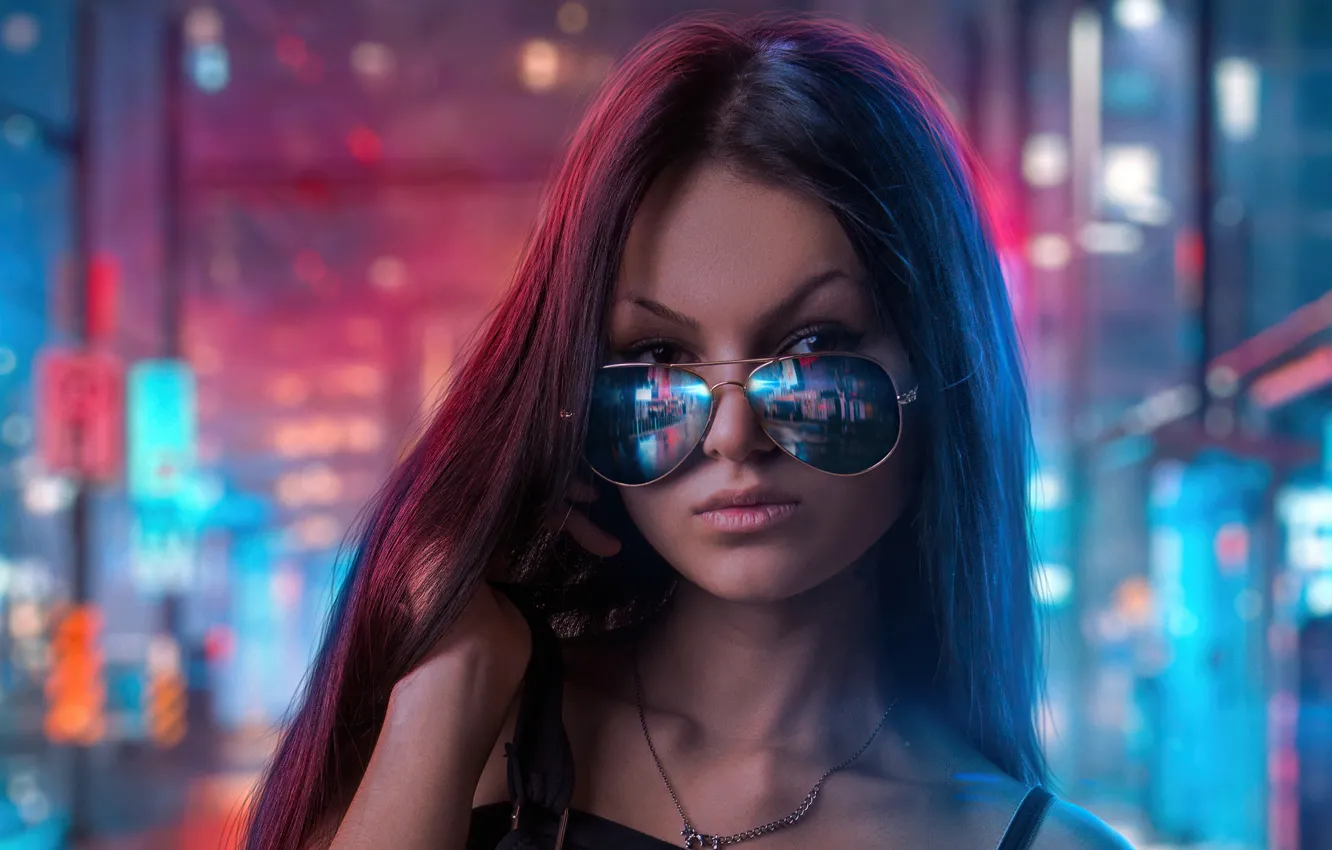 Фото обои girl, model, neon, sunglasses